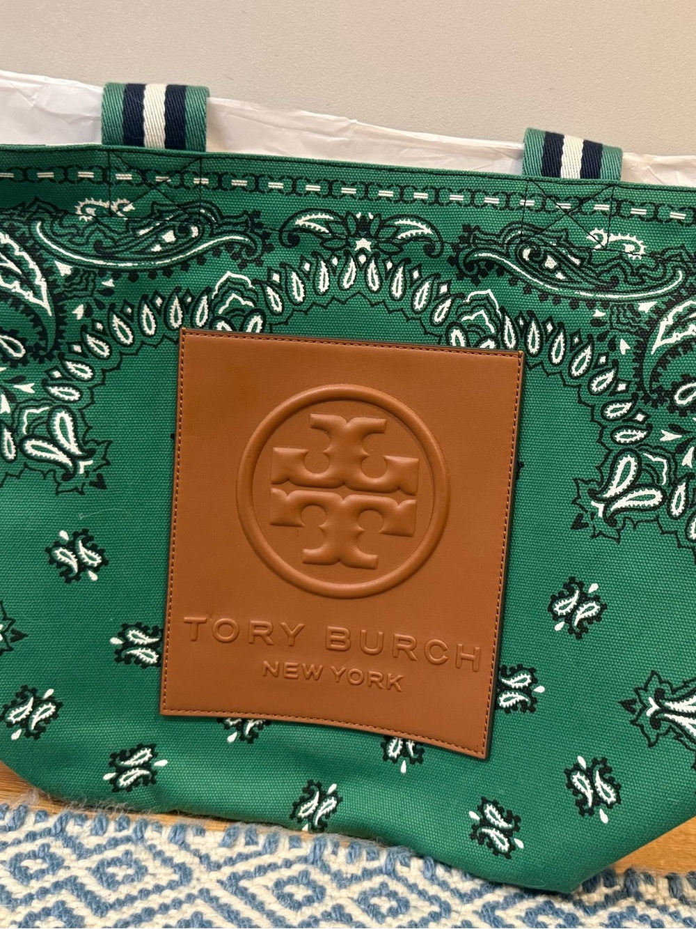 Tory Burch Green Bandana-Print Canvas Tote with Tan Leather Logo Patch